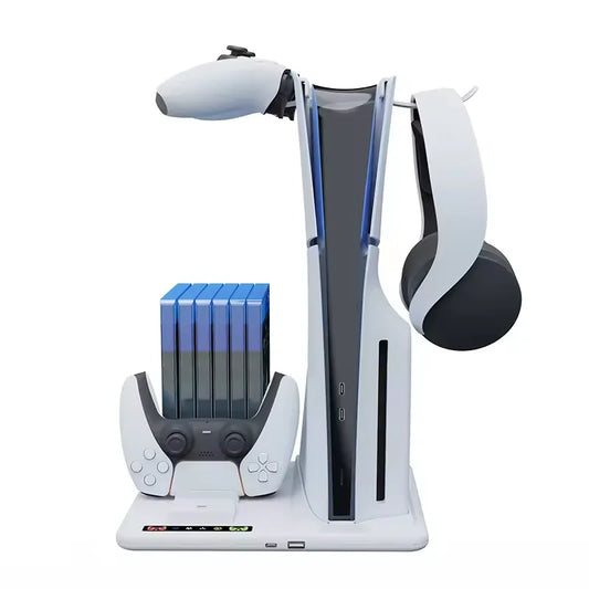 Multi-Function Cooling Fan Base Disc Storage Rack Game Controller Charger Station Headphone Mount Bracket for PS5 Slim Console